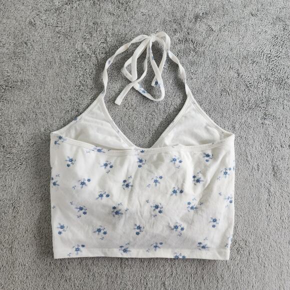 Hollister Top Women M Whit Blue Floral Tie Back Halter Ruched Crop Shelf Bra - Picture 3 of 12